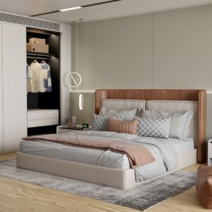 Zandbeige leerlook plakfolie NOUVA vinyl™ Linen kleur toegepast op kastdeur, meubels of interieur