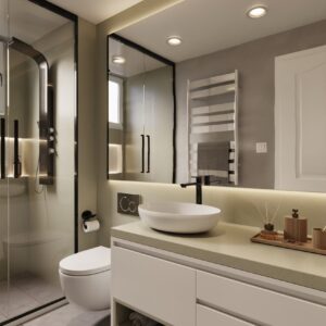 Crème marmer plakfolie NOUVA vinyl Alabaster toegepast op keukenfront, als trapbekleding, op muren een marmerfolie met subtiele aderstructuur